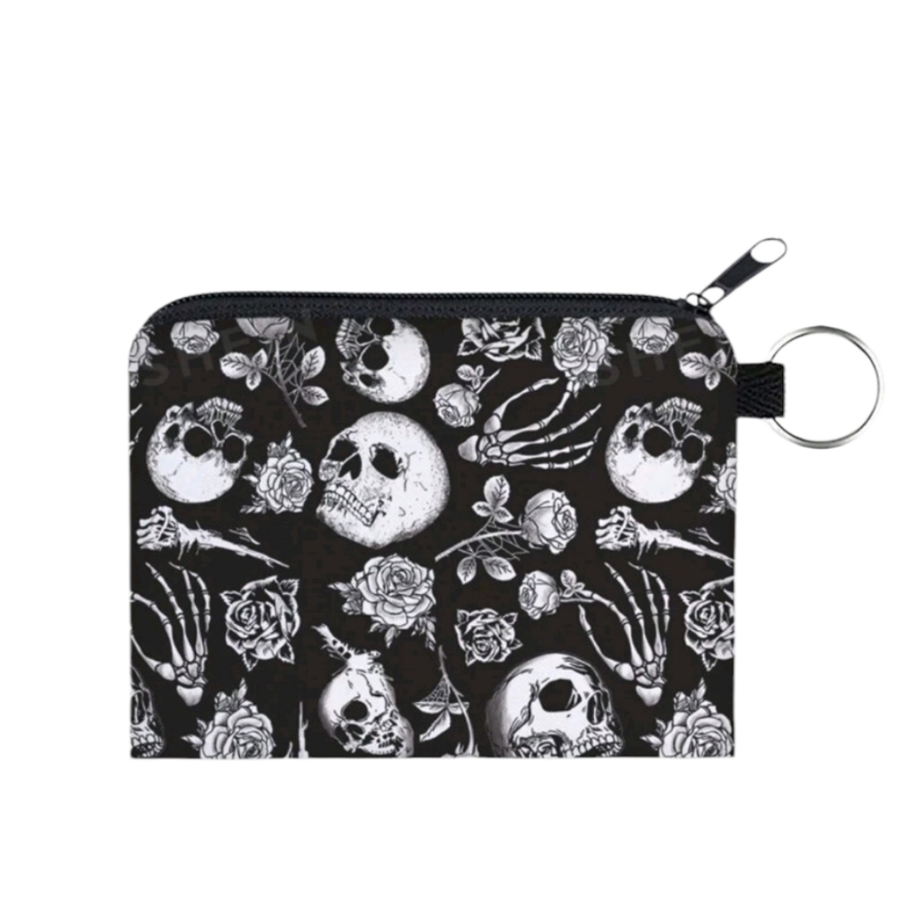 Black Skull & Rose zipper coin purse